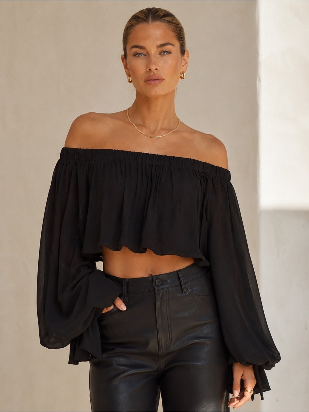 Chrissy Teigen x REVOLVE Wat Phra Top OS Black Off-Shoulder Crop Balloon Sleeve - Picture 11 of 12